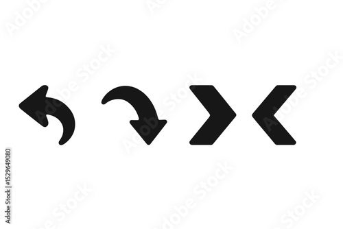 Stylized Back Arrows. Solid style icons of curved and stylized back arrows: curved back arrow, swooping arrow left, bent arrow,