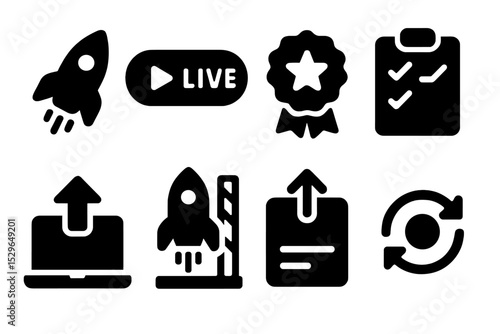 Launch and Deployment Icons. Solid style icons of launch and deployment remotely: rocket icon, go live button, product release