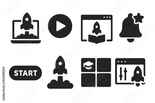 Course Launch Icons. Solid style icons of online course launch: course rocket icon, go live badge, launch lesson module, new