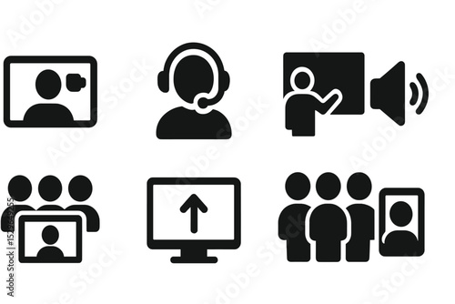 Communication Tools Icons. Solid style icons of call and communication tools: video call icon, support hotline, audio chat badge,
