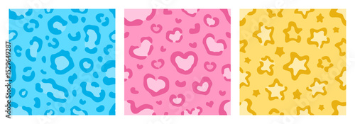 Three seamless leopard variations. Blue tone, Heart-shaped pink spots, and yellow background with star spots. Cute and trendy.