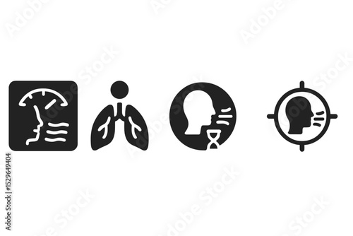 Breathing Exercise Icons. Solid style icons of breathing exercise: calm breath dashboard, mindful lungs icon, breath time session,