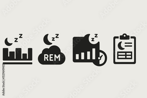 Sleep Analytics Icons. Solid style icons of sleep analytics: timeline of sleep stages, REM cycle icon, night tracking chart, sleep