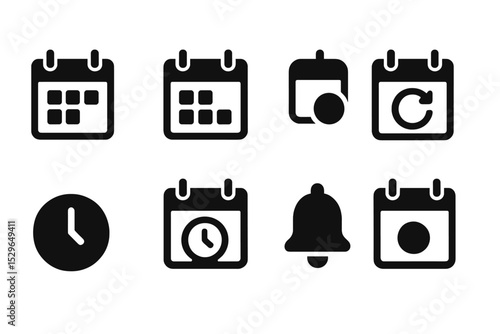 Calendar and Schedule Icons. Solid style icons of calendar and scheduling: calendar page, date picker, event mark, recurring
