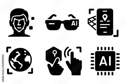 AR and AI Icons. Solid style icons of augmented reality in AI: AR face scan, AI glasses, mixed space, smart overlay. Solid style