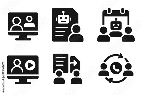 AI Meeting Icons. Solid style icons of AI meetings: smart meeting, agenda AI, discussion bot, team calendar. Solid style of video