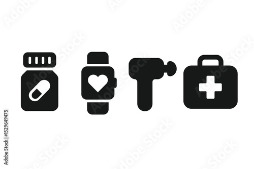 Health Product Icons. Solid style icons of health products: pill bottle, smart device, therapy tool, health pack. Solid style of