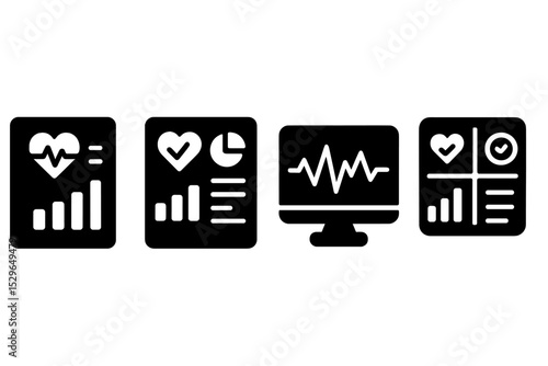 Solid Medical Dashboards. Solid style icons of medical dashboards: health board, data panel, results screen, summary view. Solid