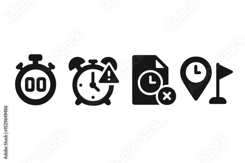 AI Deadline Icons. Solid style icons of AI deadlines: countdown timer, clock alert, overdue file, time tracker. Solid style of