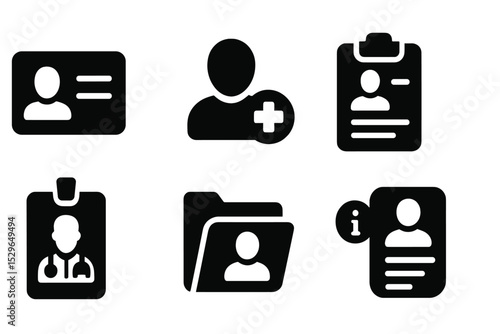 Medical Icons Collection. Solid style icons of medical profiles: patient ID, health avatar, personal chart, user info. Solid style