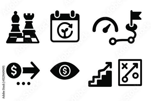Financial Strategy Icons. Solid style icons of financial strategy: chess board, long-term plan, risk meter, strategic path. Solid
