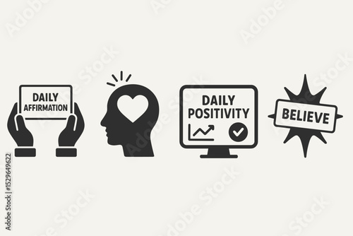 Daily Affirmation Icons. Solid style icons of daily affirmation: hands with quote card, head with spark and heart, dashboard with
