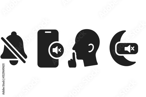 Silent Mode Icons. Solid style icons of silent mode: bell with slash icon, phone with mute badge, quiet profile symbol, speaker