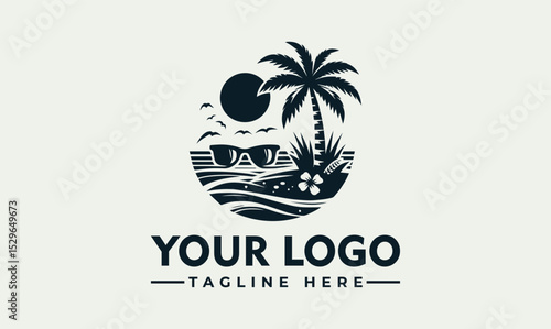 Stylized tropical beach illustration with palm trees, sun, ocean waves, and sunglasses in a circular frame. Summer vacation concept