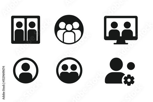 Freelance Team Icons. Solid style icons of freelance teams: partner grid, collab group, shared screen, member list. Solid style of