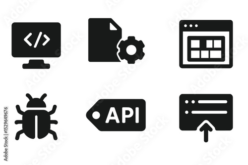 Development Icons Pack. Solid style icons of development for freelancers: code screen, script gear, terminal block, dev grid.