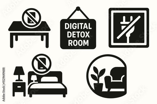 Tech-Free Zone Icons. Solid style icons of tech-free zone: table with phone off icon, digital detox room marker, wall sign with