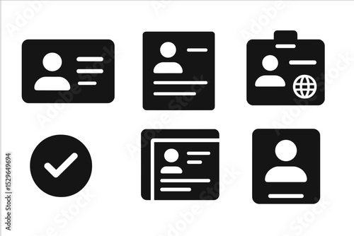 Freelance Profile Icons. Solid style icons of freelance profiles: ID icon, profile sheet, contact card, role tag. Solid style of