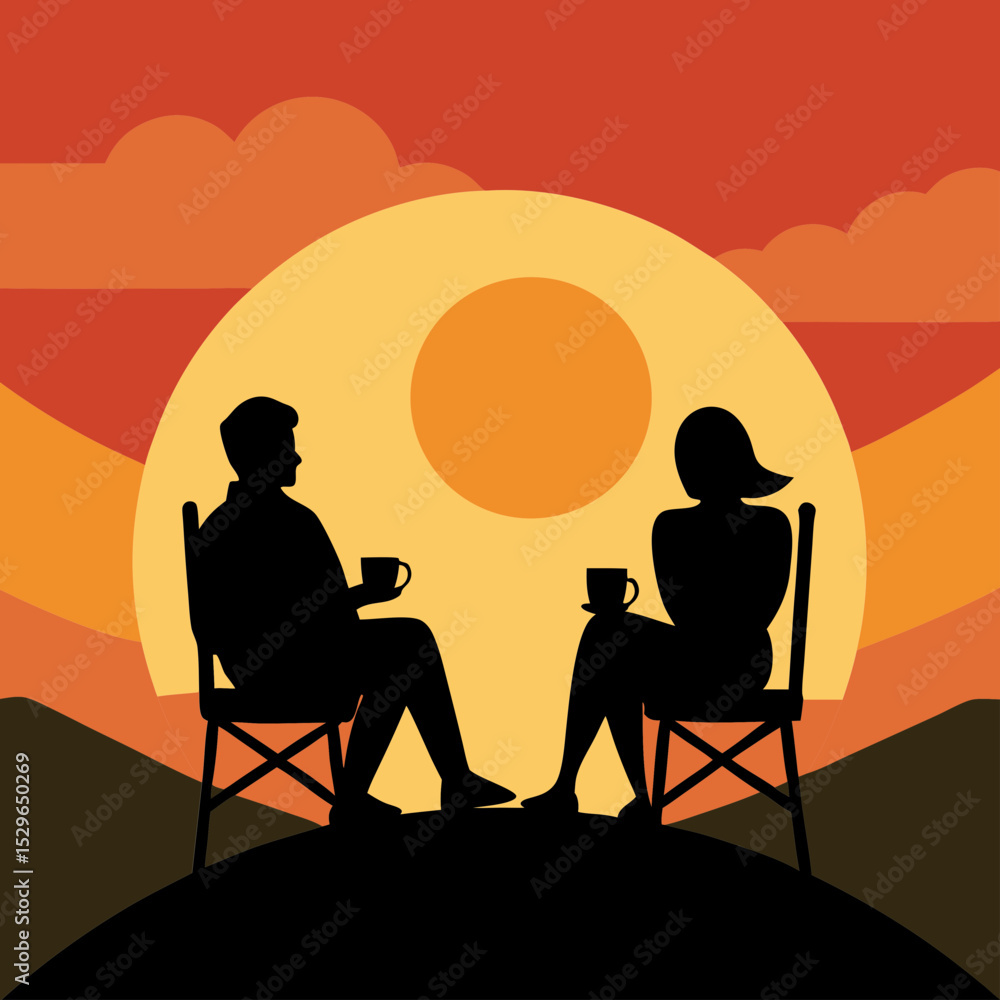 Naklejka premium Vector illustration of a couple sitting on a mountaintop drinking coffee.