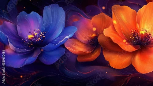 Colorful digital flowers in shades of blue and orange with soft, swirling backgrounds. The design features vibrant petals and a dreamy atmosphere.