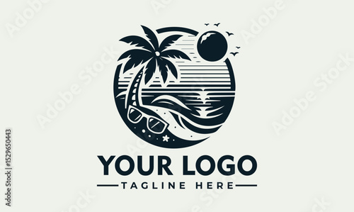 Stylized tropical beach illustration with palm trees, sun, ocean waves, and sunglasses in a circular frame. Summer vacation concept