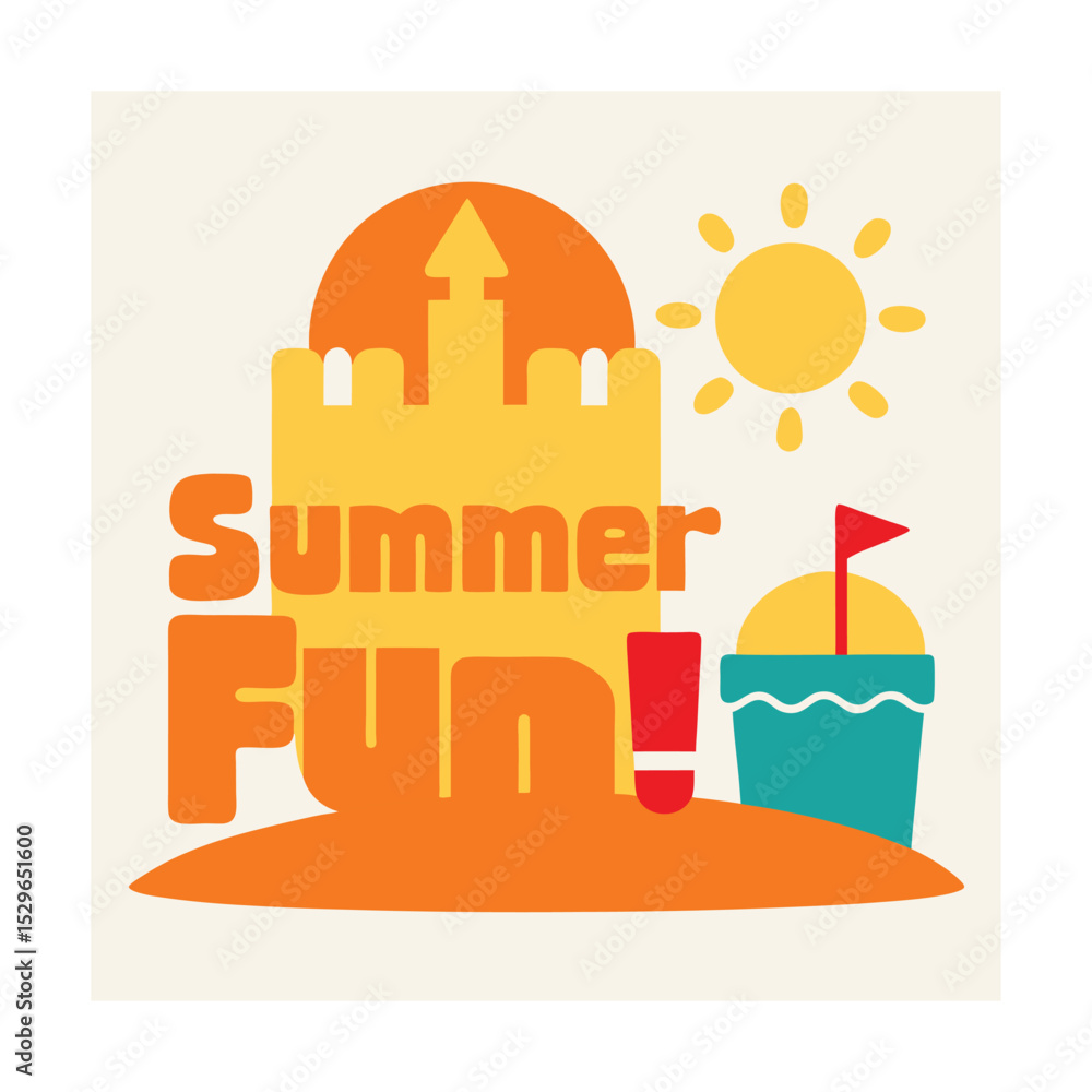 Naklejka premium Beach with Sandcastle Pail and Shovel