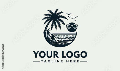 Stylized tropical beach illustration with palm trees, sun, ocean waves, and sunglasses in a circular frame. Summer vacation concept