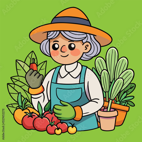 Cartoon Gardener Woman Harvesting Vegetables and Fruits in Garden with Green Background