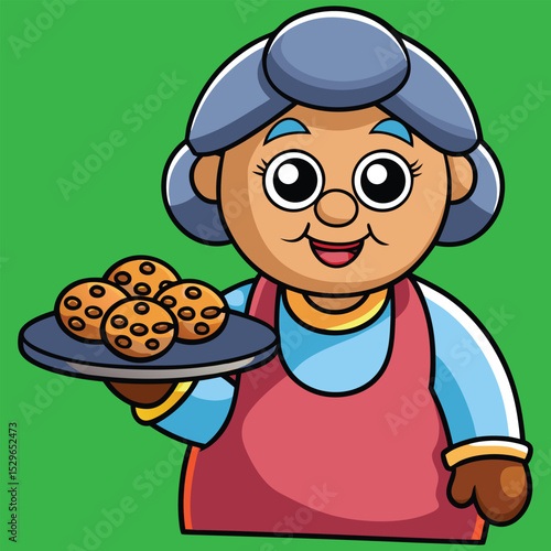 Cartoon Grandma Holding a Plate of Delicious Homemade Chocolate Chip Cookies