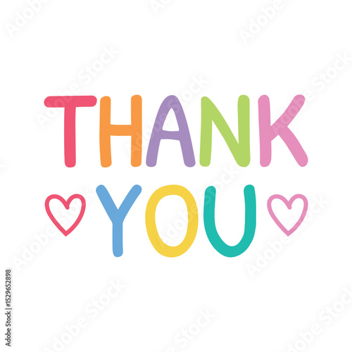 Colorful handwritten Thank you lettering with heart or love illustration design. Message for card, presentation, business. Expressing gratitude, acknowledgment and appreciation.