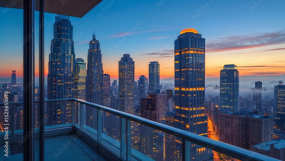 Obraz premium A view of a city skyline from a balcony