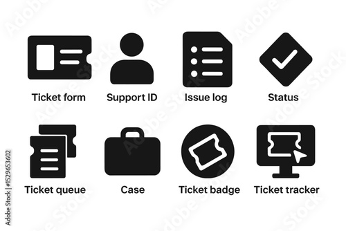 Solid Ticket Icons. Solid style icons of ticketing systems: ticket form, support ID, issue log, status tag. Solid style of ticket