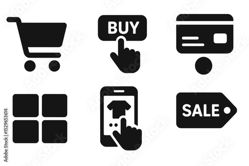 Shopping UI Icons. Solid style icons of shopping UX: cart UI, product listing, buy button, payment flow. Solid style of category