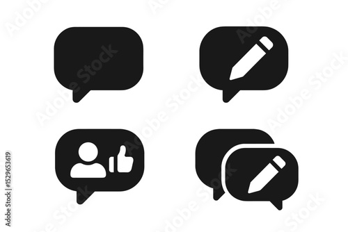 Design Chat Icons. Solid style icons of design chat: message box, comment field, feedback reply, group thread. Solid style of