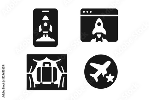 Trip Launch Icons. Solid style icons of trip launch: launch screen, go-live icon, product unveil, first booking badge. Solid style
