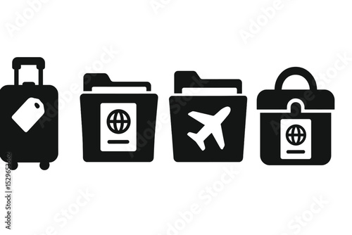 Travel Storage Icons. Solid style icons of travel storage: luggage icon, item archive, booking file, travel document vault. Solid