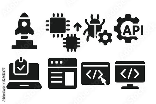 Mission Development Icons. Solid style icons of mission development: build module, tech upgrades, component debug, API gear. Solid