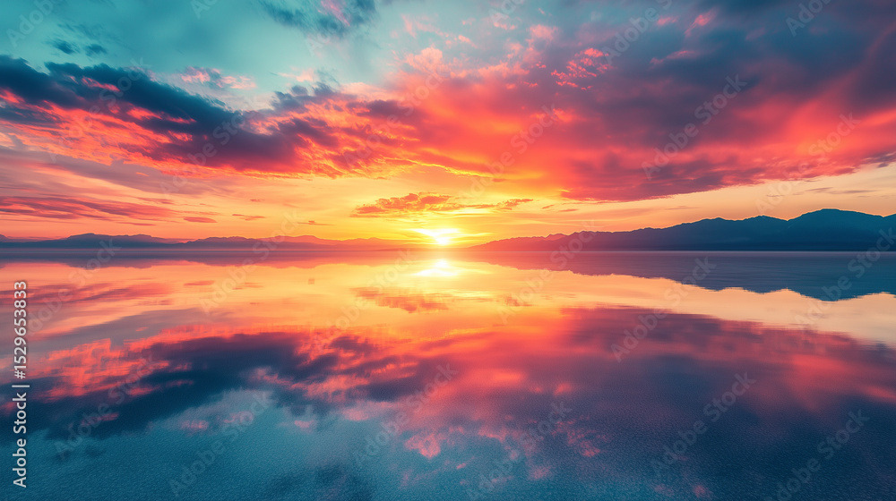 Fototapeta premium Reflection in calm water of orange sunset sky