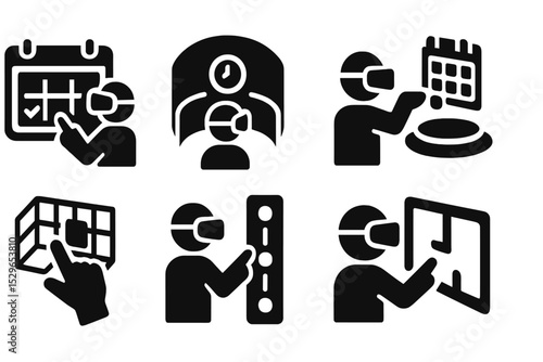 VR Time Management Tools. Solid style icons of VR time tools: immersive calendar, time room, task dashboard, 3D scheduler. Solid
