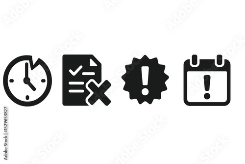 Missed Deadlines Icons. Solid style icons of missed deadlines: broken clock, failed task icon, exclamation badge, overdue calendar