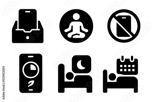 Mindful Digital Detox. Solid style icons of mindful digital detox: phone in drawer icon, peaceful logout badge, device-free zone