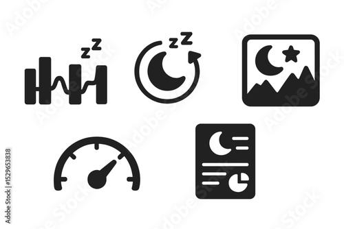 Sleep Analytics Icons. Solid style icons of sleep analytics: timeline of sleep stages, REM cycle icon, night tracking chart, sleep