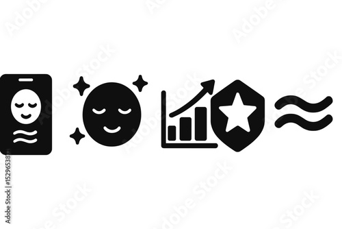 Stress Relief Icons. Solid style icons of stress relief & focus aids: mindful breathing app, calm face with aura, stress tracker