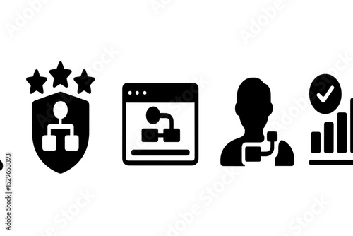 Calm Workflow Icons. Solid style icons of calm digital workflows: process map with focus, task flow badge with stars, digital