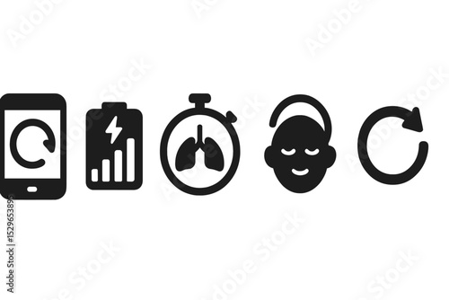 Focus Reset Icons. Solid style icons of focus reset & recharge: app with reset session, energy recharge graph, timer with breath
