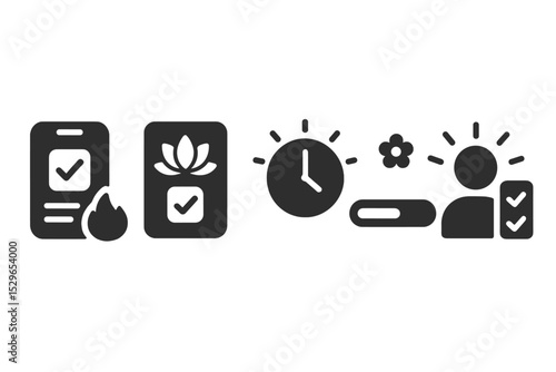 Mindful Task Icons. Solid style icons of mindful task management: app with task streak, mindful task card, task timer with glow,