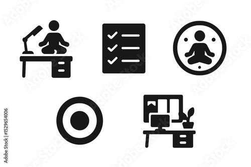 Peaceful Focus Icons. Solid style icons of peaceful focus zones: balanced workspace icon, calm task list, focused session badge,