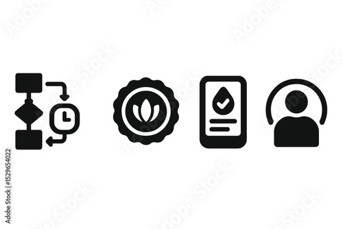 Digital Ritual Icons. Solid style icons of digital focus rituals: ritual flow chart, focused session timer, calm preparation badge