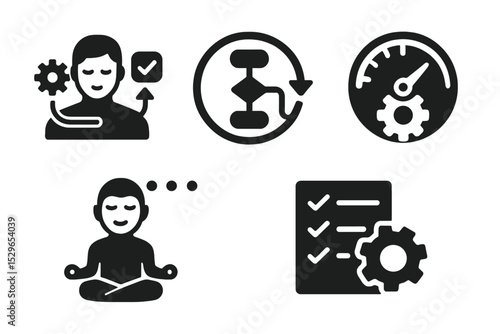 Mindful Automation Icons. Solid style icons of mindful workflow automation: user with automated tasks, smooth flowchart badge,