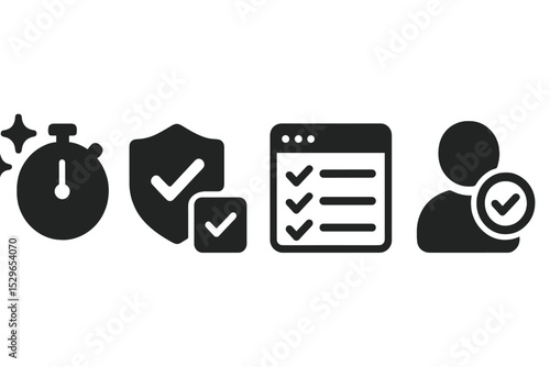Mindful Task Icons. Solid style icons of mindful task management: task timer with sparkles, focused task badge, calm task card,